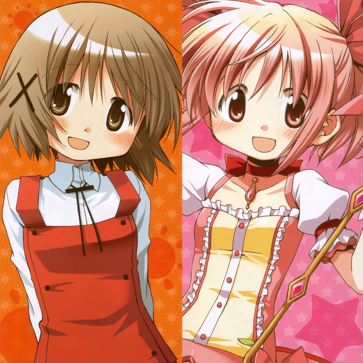 aoki_ume, crossover, hidamari_sketch, kaname_madoka, mahou_shoujo_madoka_magica, weapon, yuno