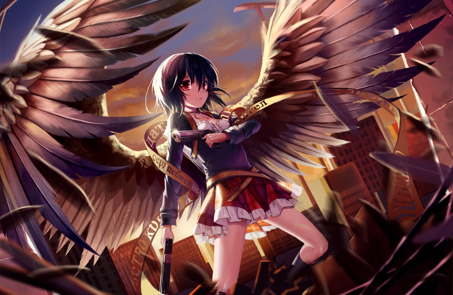 cleavage, gun, kin_toki, wings