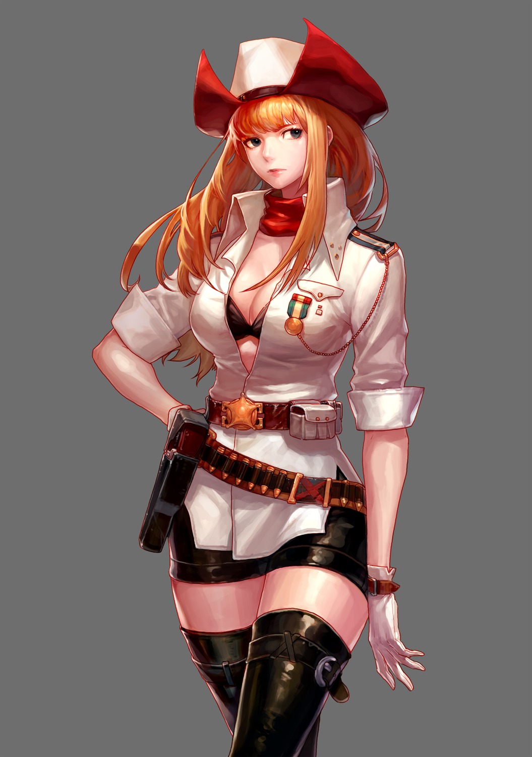 bra, cleavage, gun, hanaboo, open_shirt, thighhighs
