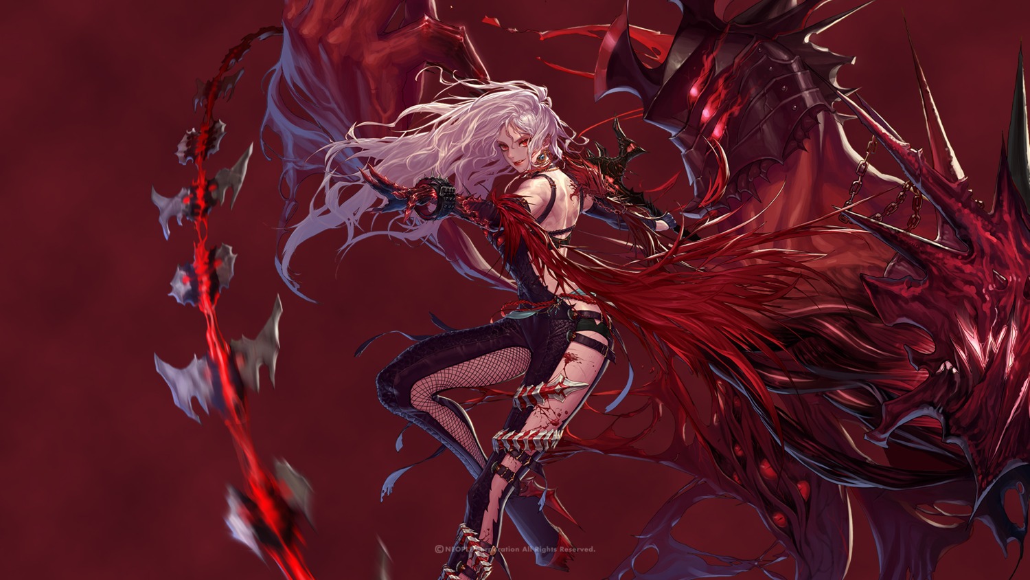 armor, blood, bodysuit, dicide, dungeon_fighter, fishnets, hanaboo, heels, wallpaper, weapon