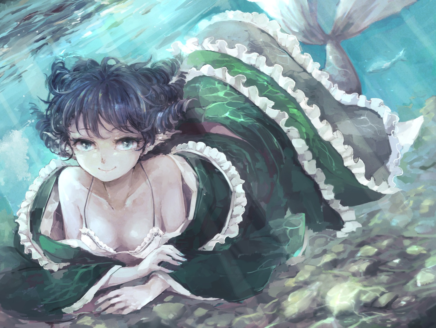 bikini_top, cleavage, dress, mermaid, monster_girl, open_shirt, swimsuits, tail, touhou, wakasagihime, wataichi_meko