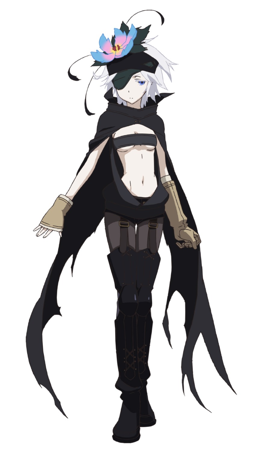 cleavage, eyepatch, flamie_speeddraw, no_bra, pantyhose, rokka_no_yuusha, stockings, thighhighs
