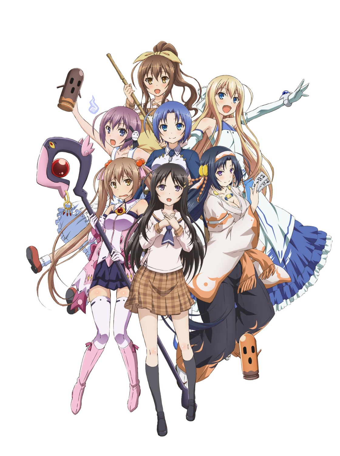 cleavage, digital_version, heels, higashihongan_sanae, japanese_clothes, kasagi_shizuka, kurano_kiriha, nijino_yurika, rokujouma_no_shinryakusha!?, ruthkania_nye_pardomshiha, sakuraba_harumi, seifuku, theiamillis_gre_fortorthe, thighhighs, weapon