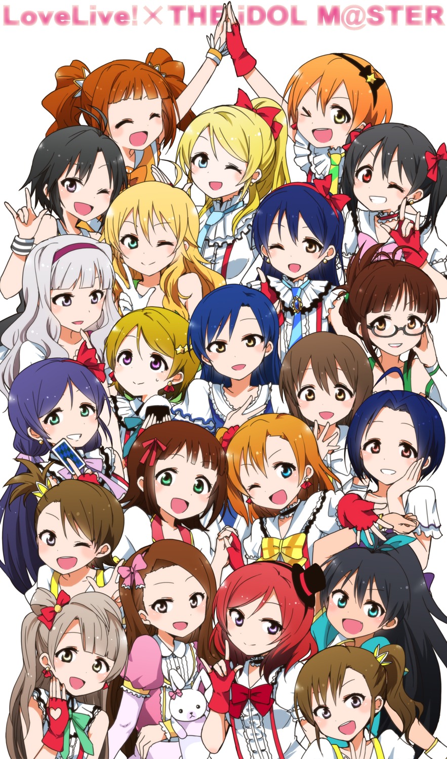 akizuki_ritsuko, amami_haruka, ayase_eli, crossover, futami_ami, futami_mami, ganaha_hibiki, hagiwara_yukiho, hoshii_miki, hoshizora_rin, kidachi, kikuchi_makoto, kisaragi_chihaya, koizumi_hanayo, kousaka_honoka, love_live!, love_live!_(series), megane, minami_kotori, minase_iori, miura_azusa, nishikino_maki, shijou_takane, sonoda_umi, takatsuki_yayoi, the_idolm@ster, toujou_nozomi, yazawa_nico