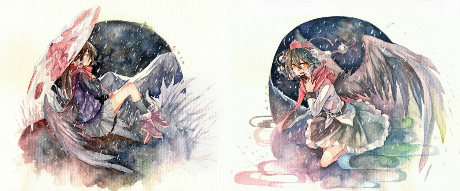 himekaidou_hatate, ko_kita, shameimaru_aya, touhou, umbrella, wings