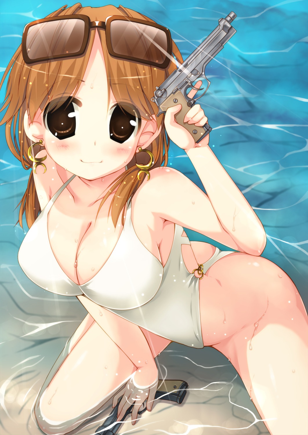 asou_natsume, cleavage, gun, katagiri_sanae, megane, swimsuits, the_idolm@ster, the_idolm@ster_cinderella_girls