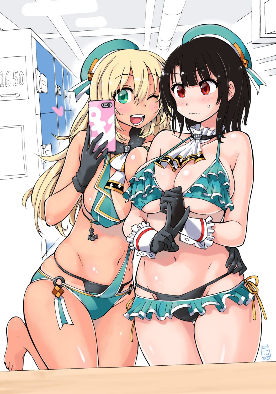 atago_(kancolle), bikini, cleavage, kantai_collection, nekoguchi, swimsuits, takao_(kancolle), tan_lines