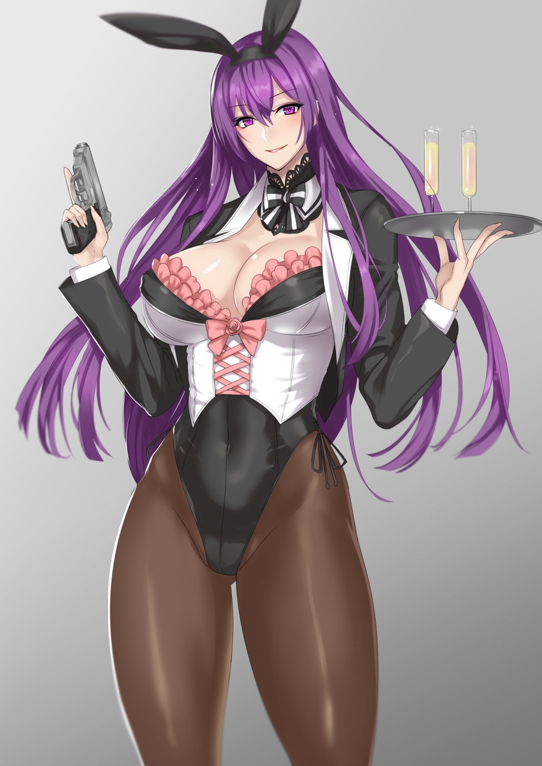 animal_ears, bunny_ears, bunny_girl, cleavage, damegane, gun, nopan, open_shirt, pantyhose