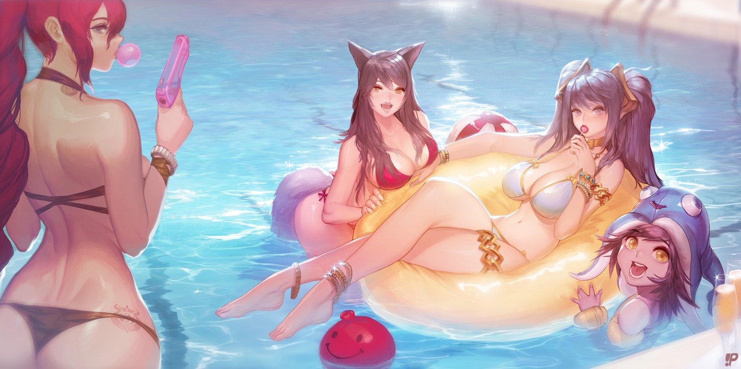 ahri, animal_ears, ass, bikini, cleavage, feet, gun, instant_ip, league_of_legends, lulu_(league_of_legends), miss_fortune, sona_buvelle, swimsuits, tail, tattoo, underboob, wet