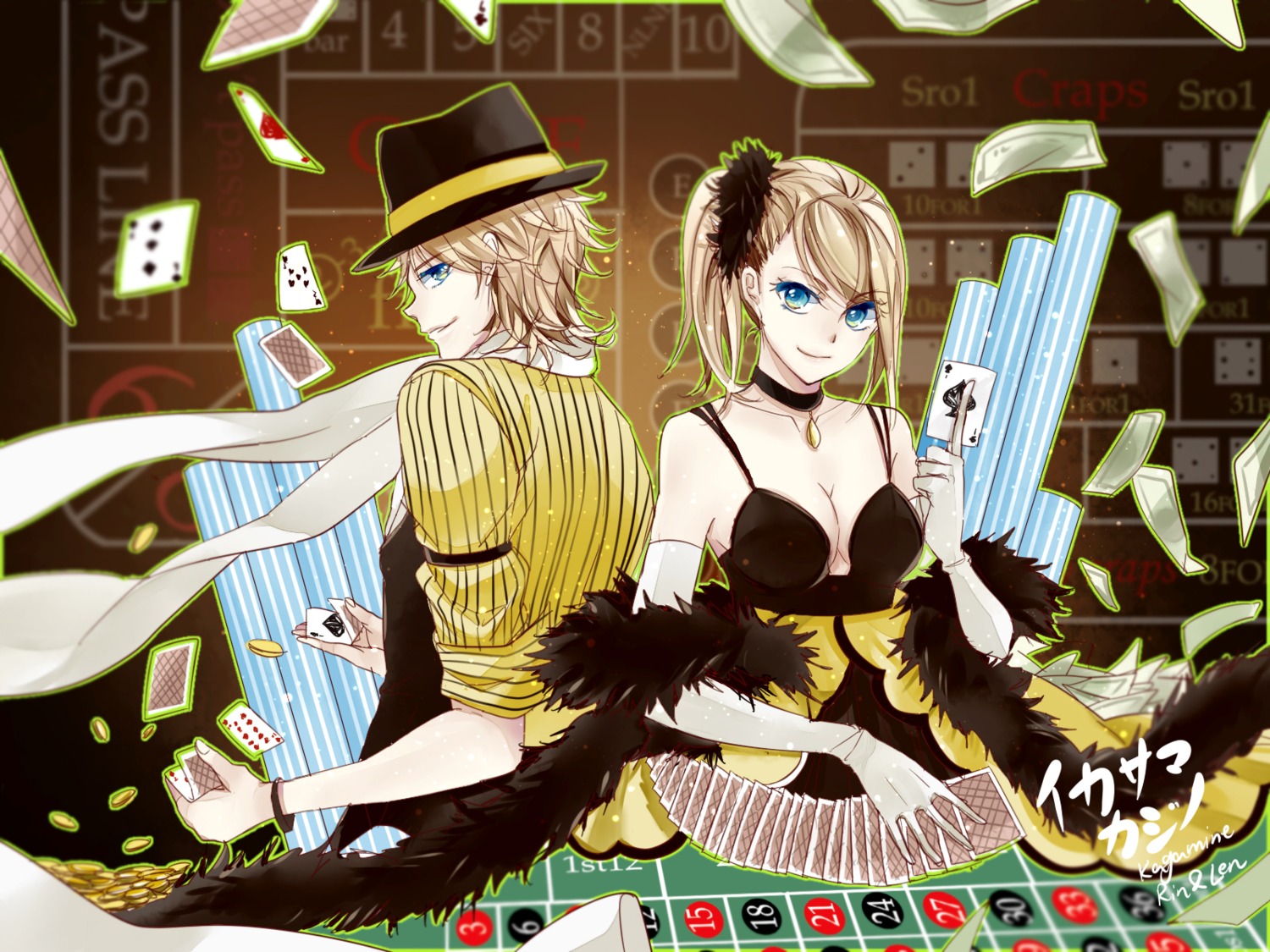 cleavage, kagamine_len, kagamine_rin, tsuna2727, vocaloid, wallpaper