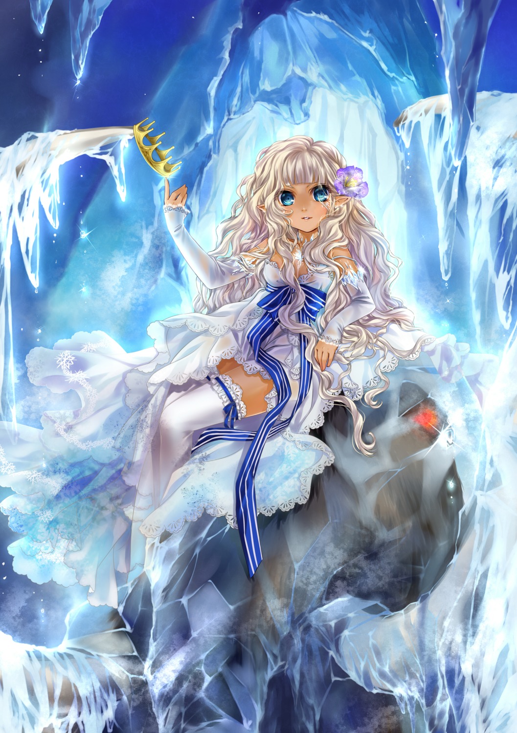 cleavage, dress, kingchenxi, pointy_ears, thighhighs