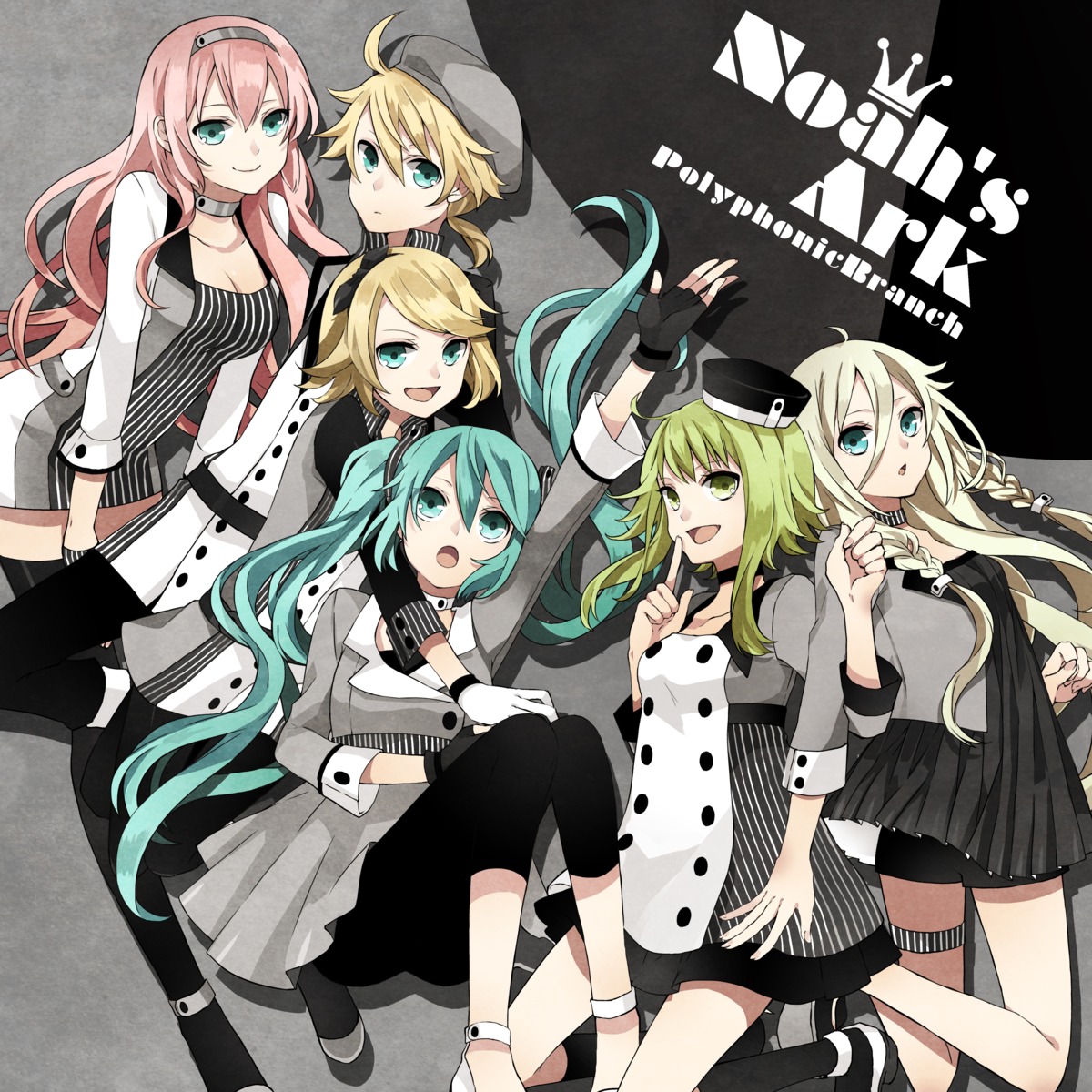 buzz, cleavage, disc_cover, dress, garter, gumi, hatsune_miku, ia_(vocaloid)