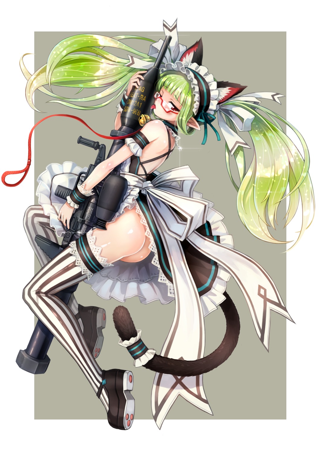 animal_ears, ass, bail, gun, heels, maid, megane, nekomimi