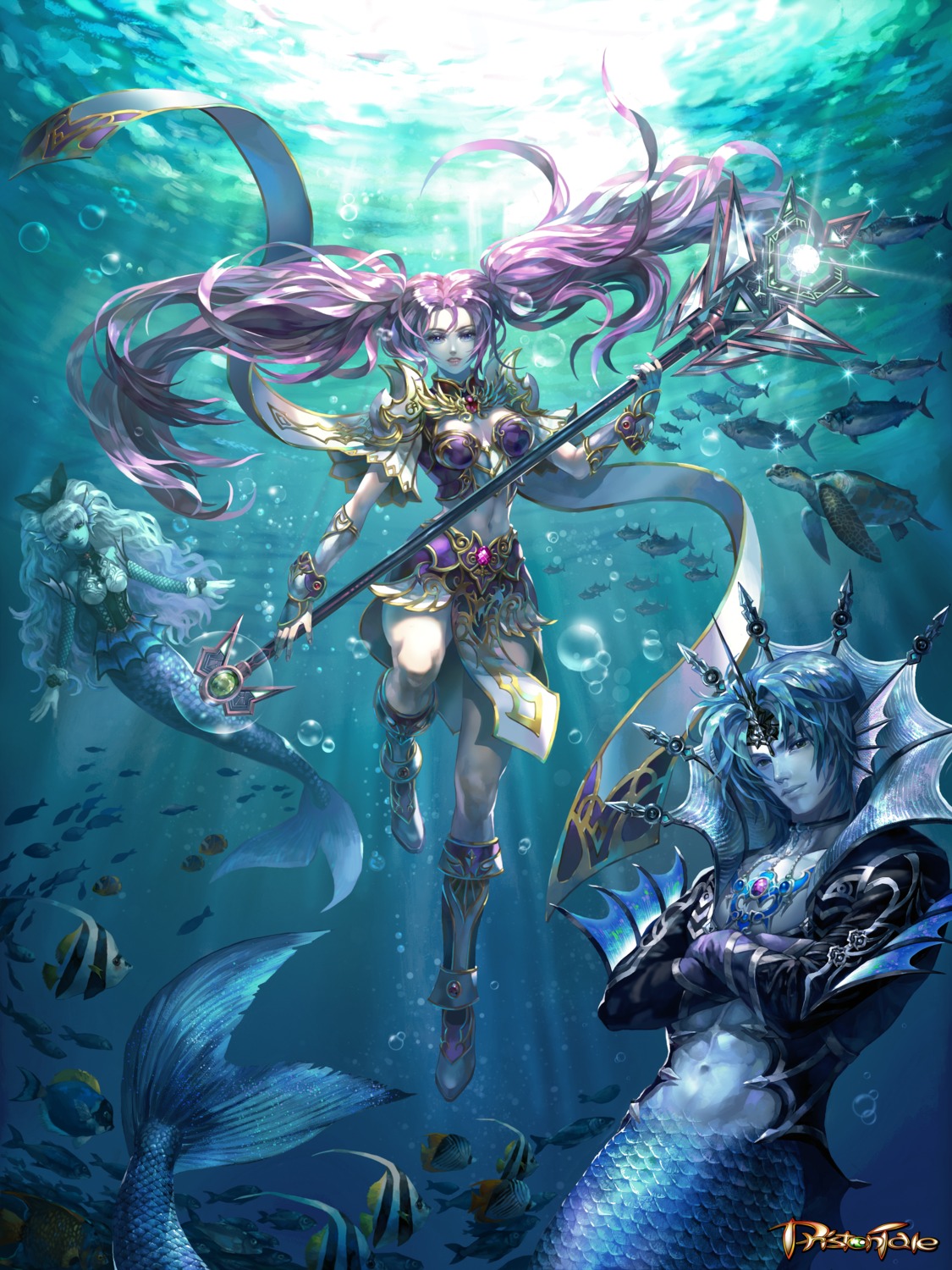 armor, cleavage, kim_yura_(goddess_mechanic), mermaid, monster_girl, priston_tale, tail, weapon