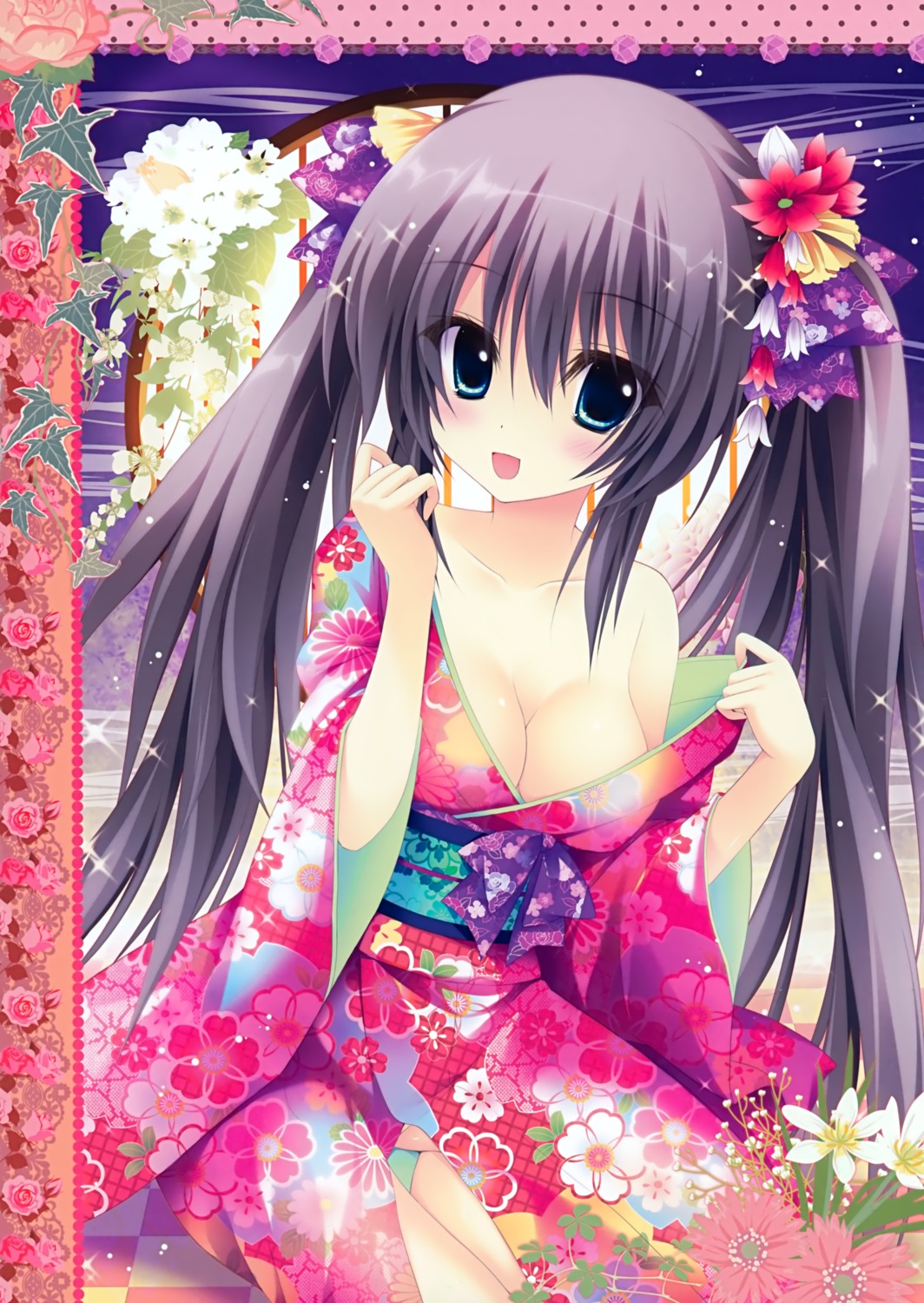 ame_zaiku, cleavage, kimono, no_bra, nopan, open_shirt, shiramori_yuse