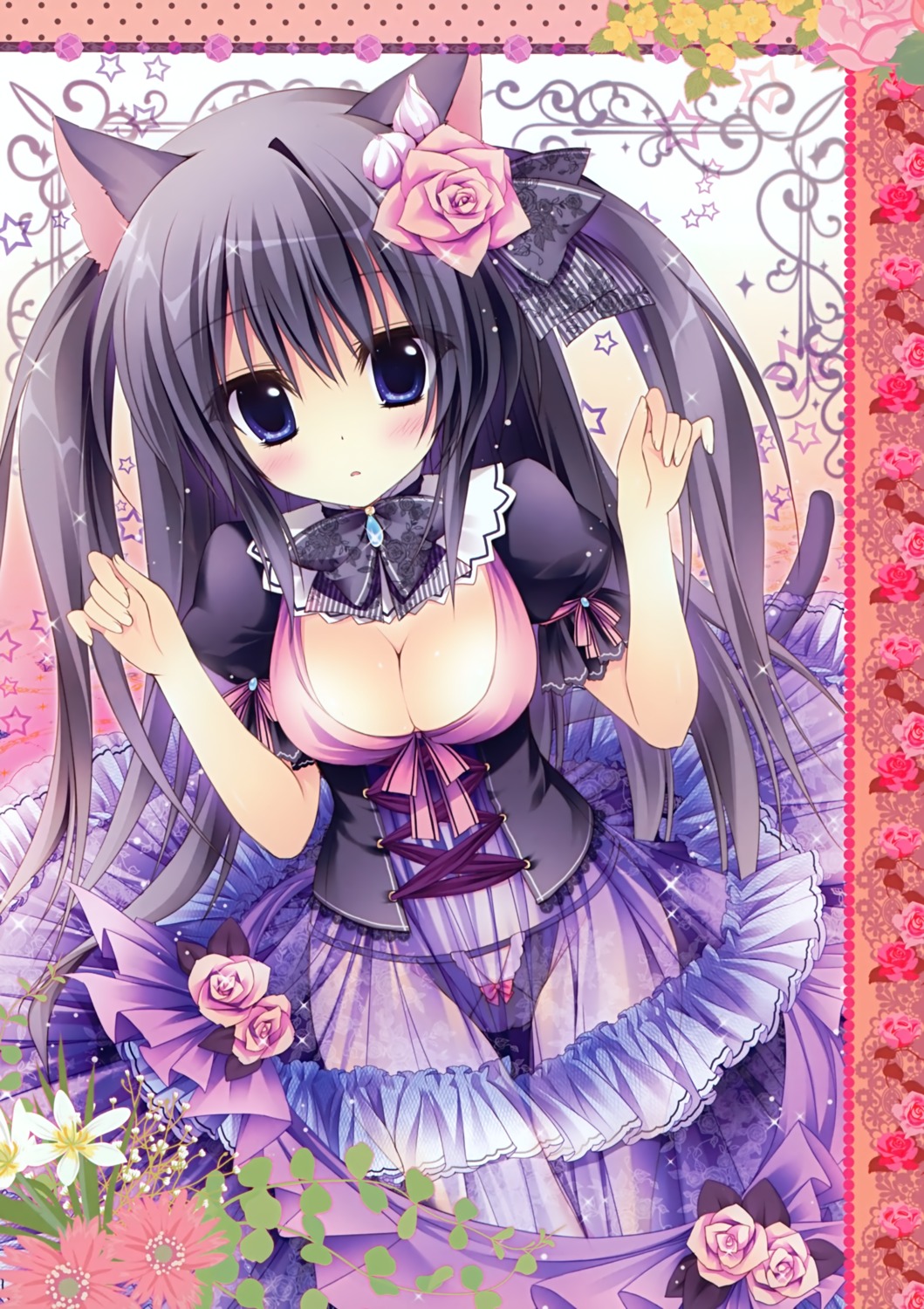 ame_zaiku, animal_ears, cleavage, dress, lingerie, nekomimi, pantsu, see_through