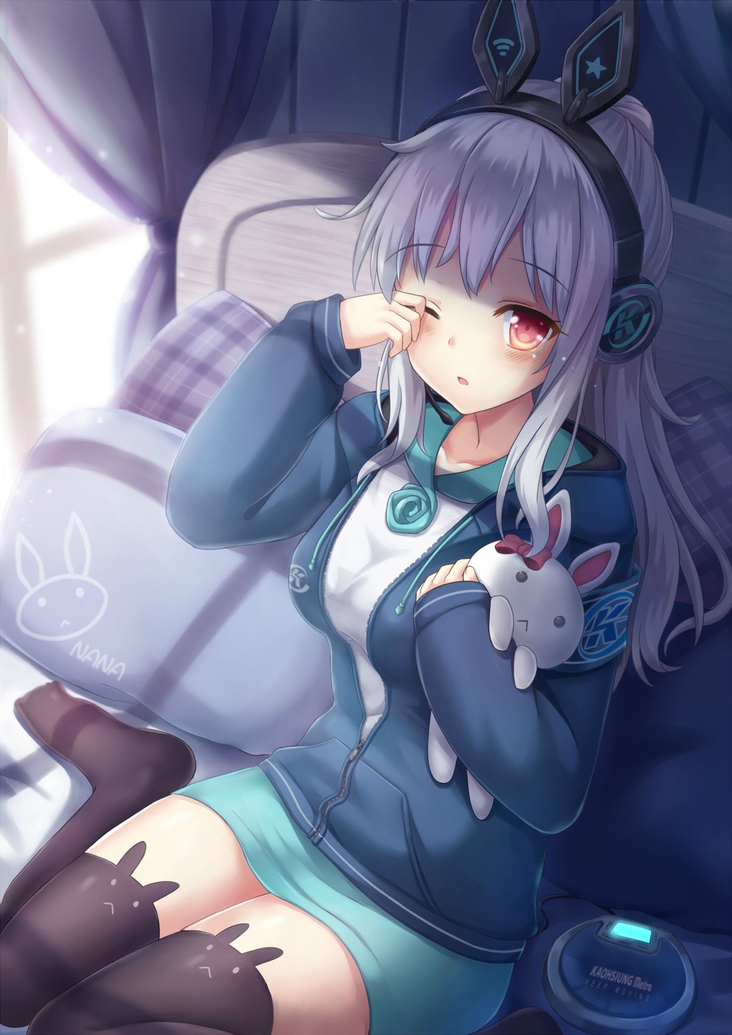 headphones, k.r.t.girls, milkshake, nana_(k.r.t.girls), open_shirt, thighhighs