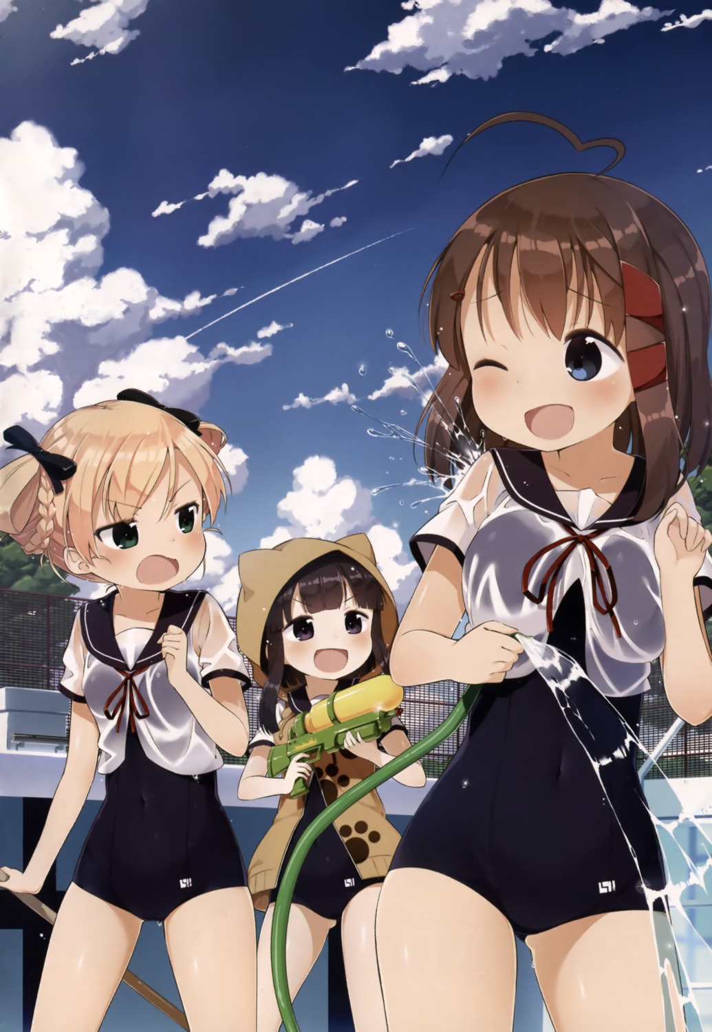 gun, muku_(muku-coffee), school_swimsuit, see_through, seifuku, swimsuits, wet_clothes