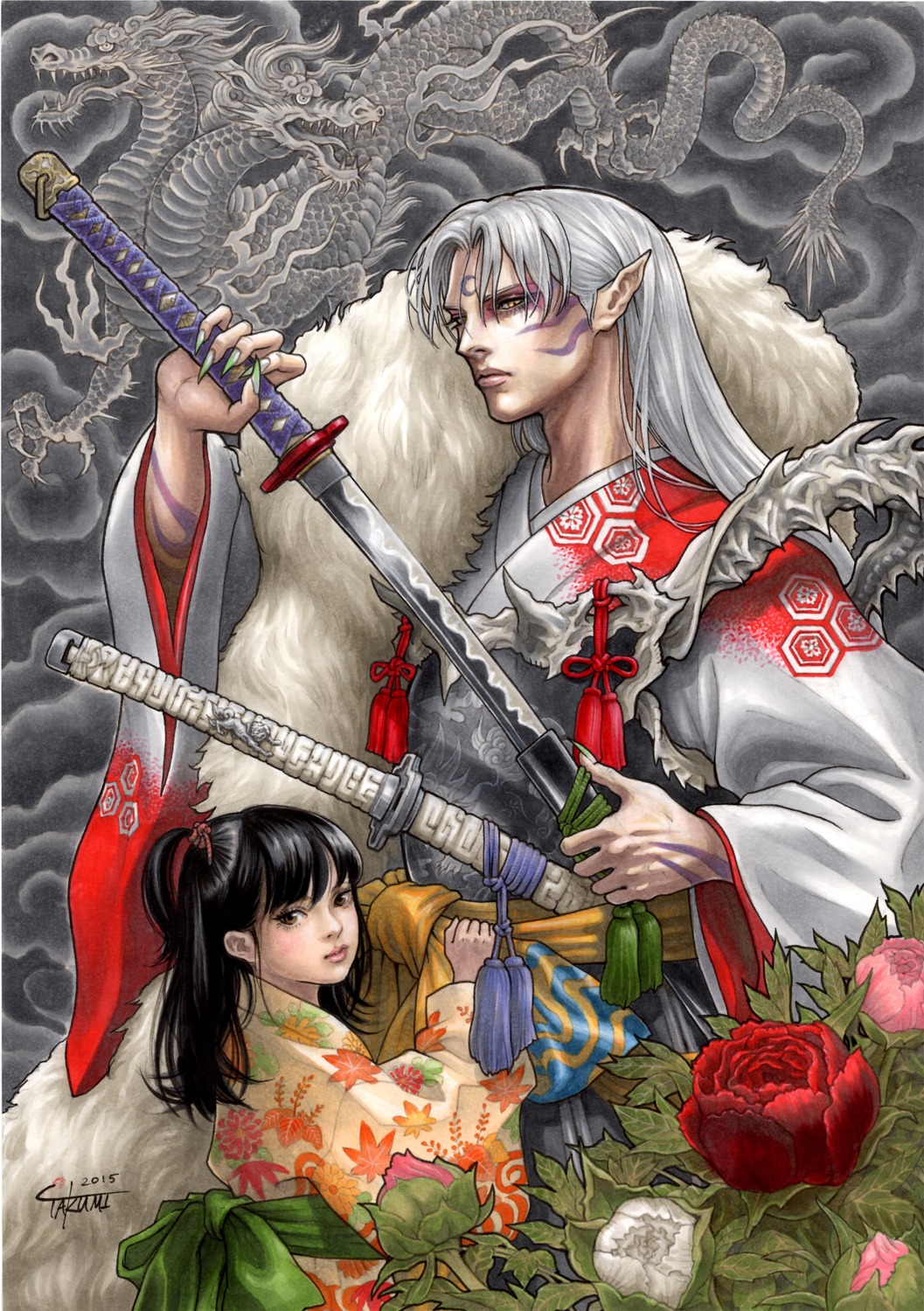 inuyasha, kimono, pointy_ears, rin_(inuyasha), sesshoumaru, sword, takumi_(marlboro), tattoo