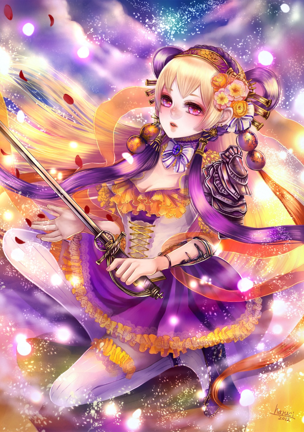 cleavage, dress, haruci, sword, thighhighs