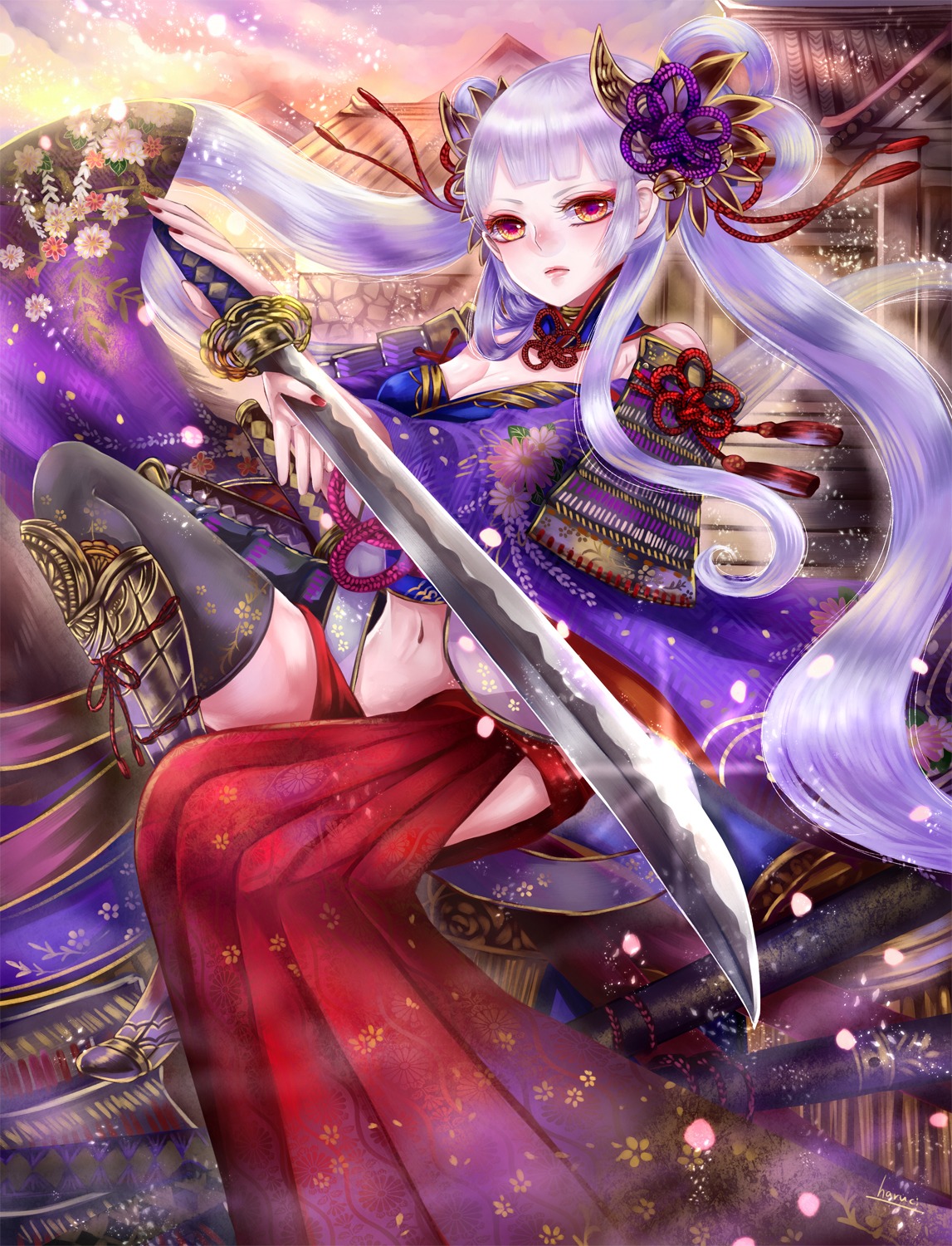 armor, asian_clothes, cleavage, haruci, sangokushi_taisen, sword, thighhighs