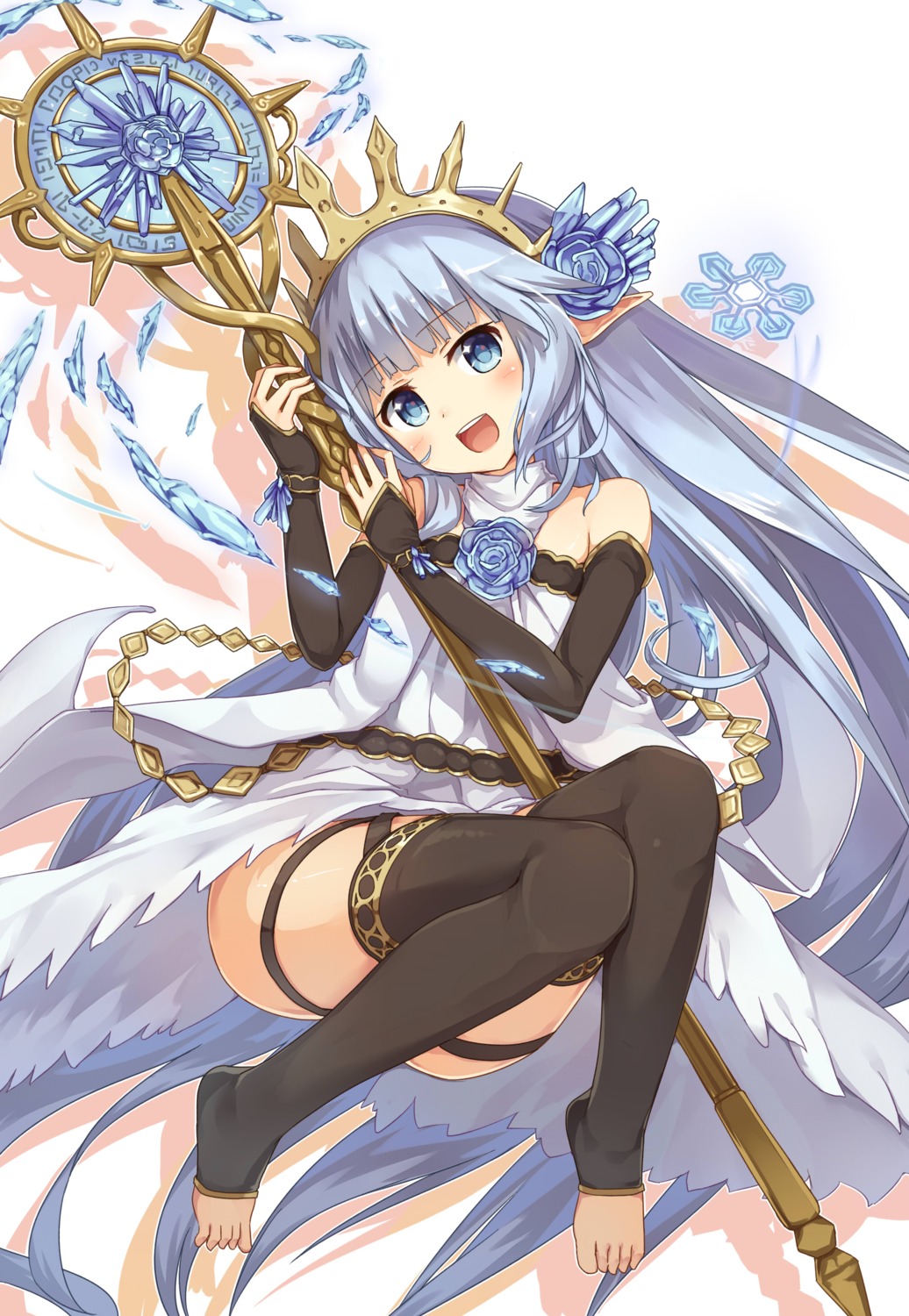 dress, granblue_fantasy, lily_(granblue_fantasy), pointy_ears, ruma_imaginary, thighhighs, weapon