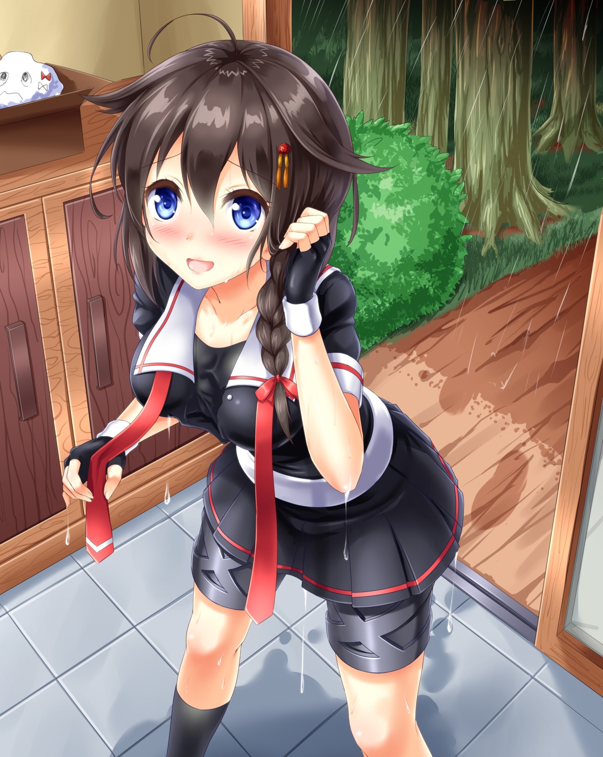 kantai_collection, kyamu, open_shirt, seifuku, shigure_(kancolle), wet, wet_clothes