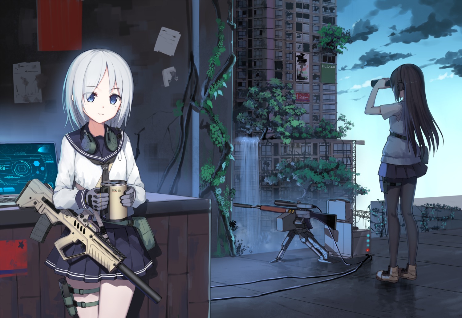 gun, headphones, pantyhose, seifuku, yuri_shoutu