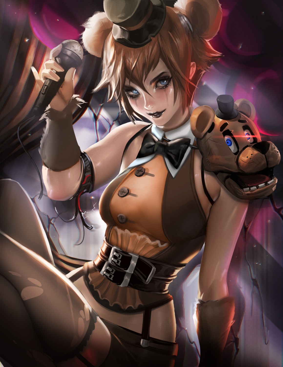 animal_ears, anthropomorphization, five_nights_at_freddy's, freddy_fazbear, genderswap, sakimichan, stockings, thighhighs, torn_clothes