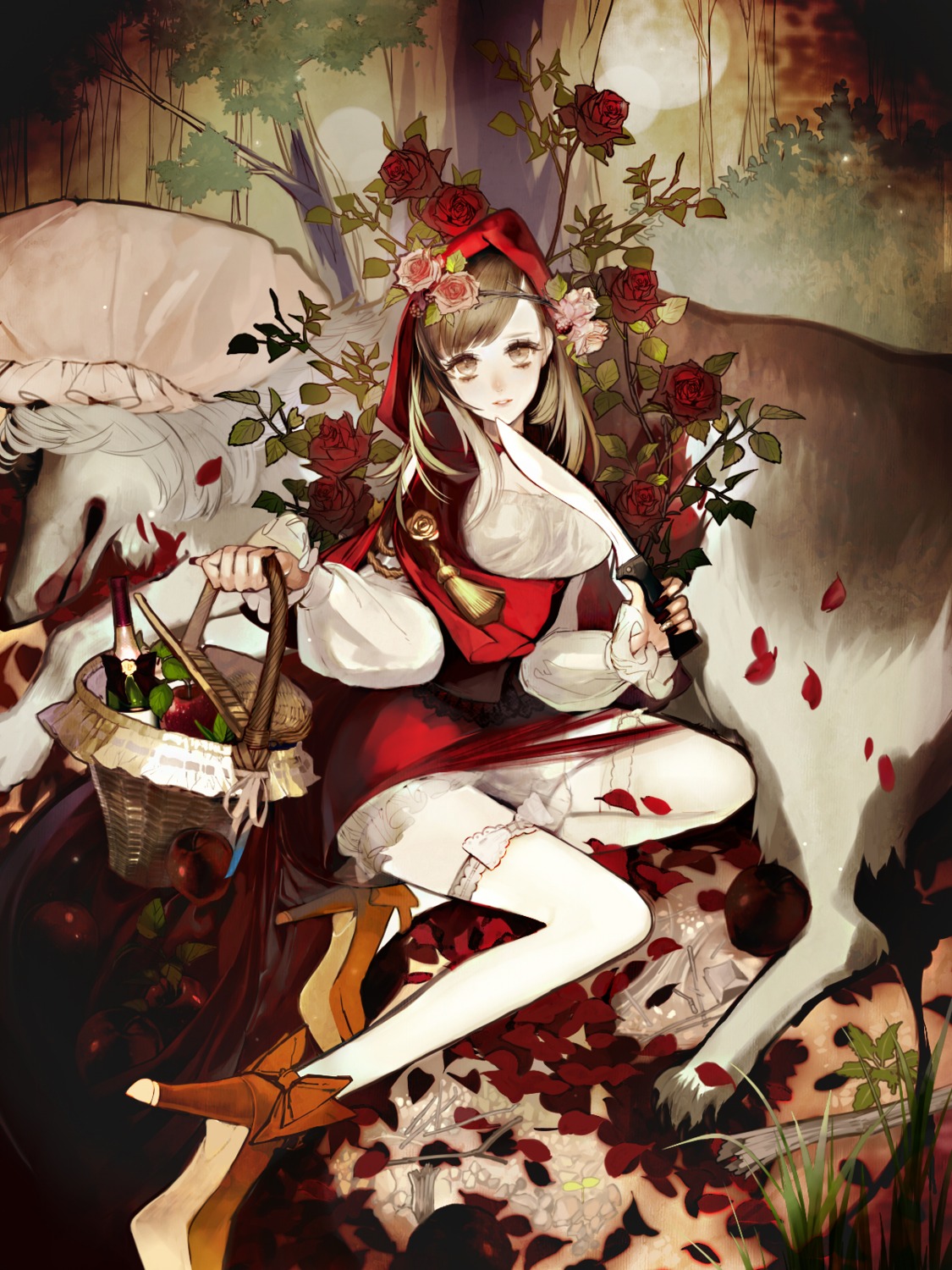 cleavage, dress, heels, little_red_riding_hood_(character), shikishima_(eiri), thighhighs, torn_clothes, weapon