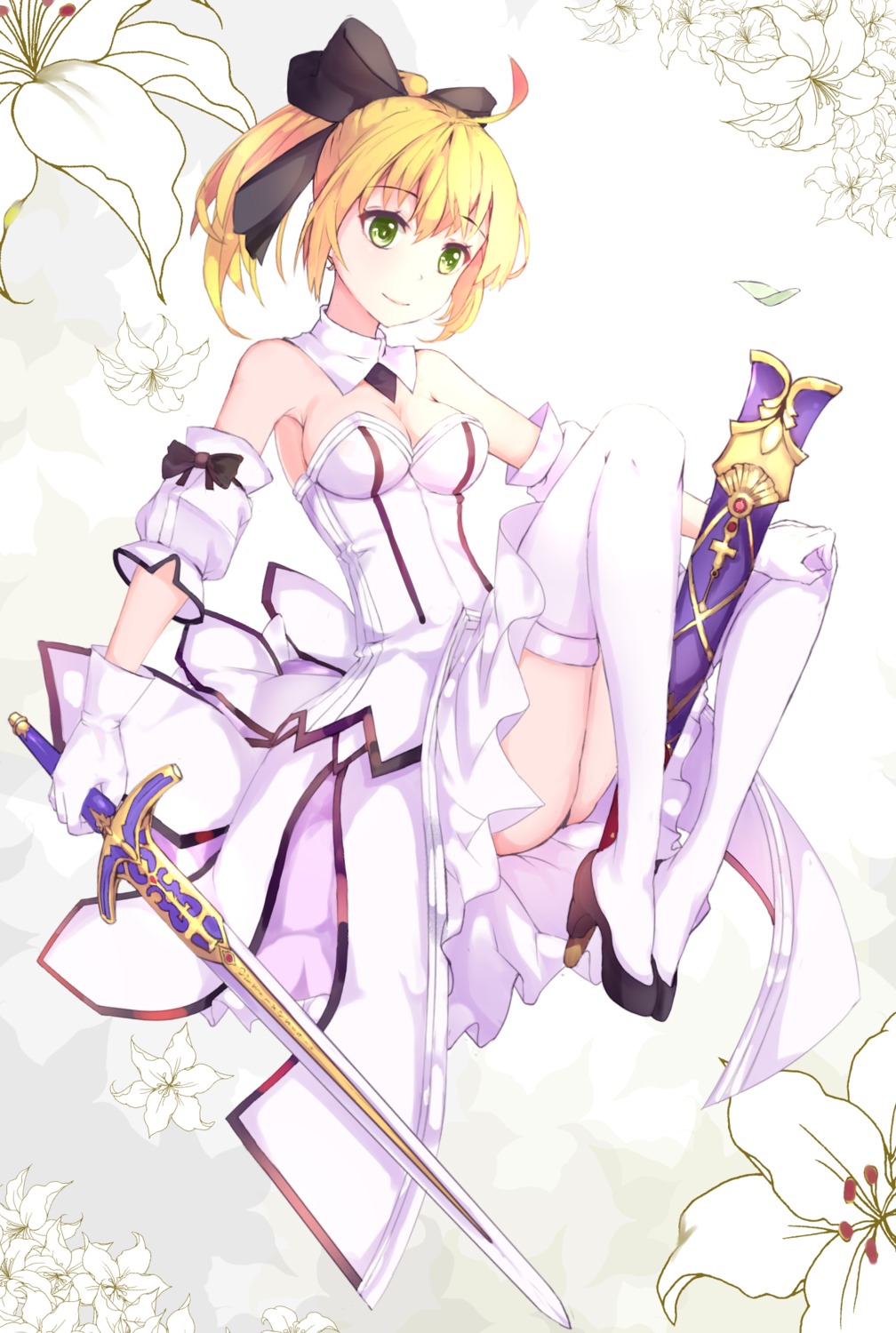 artoria_pendragon_(fate), cleavage, dress, fate/stay_night, heels, sword, thighhighs, z_shichao