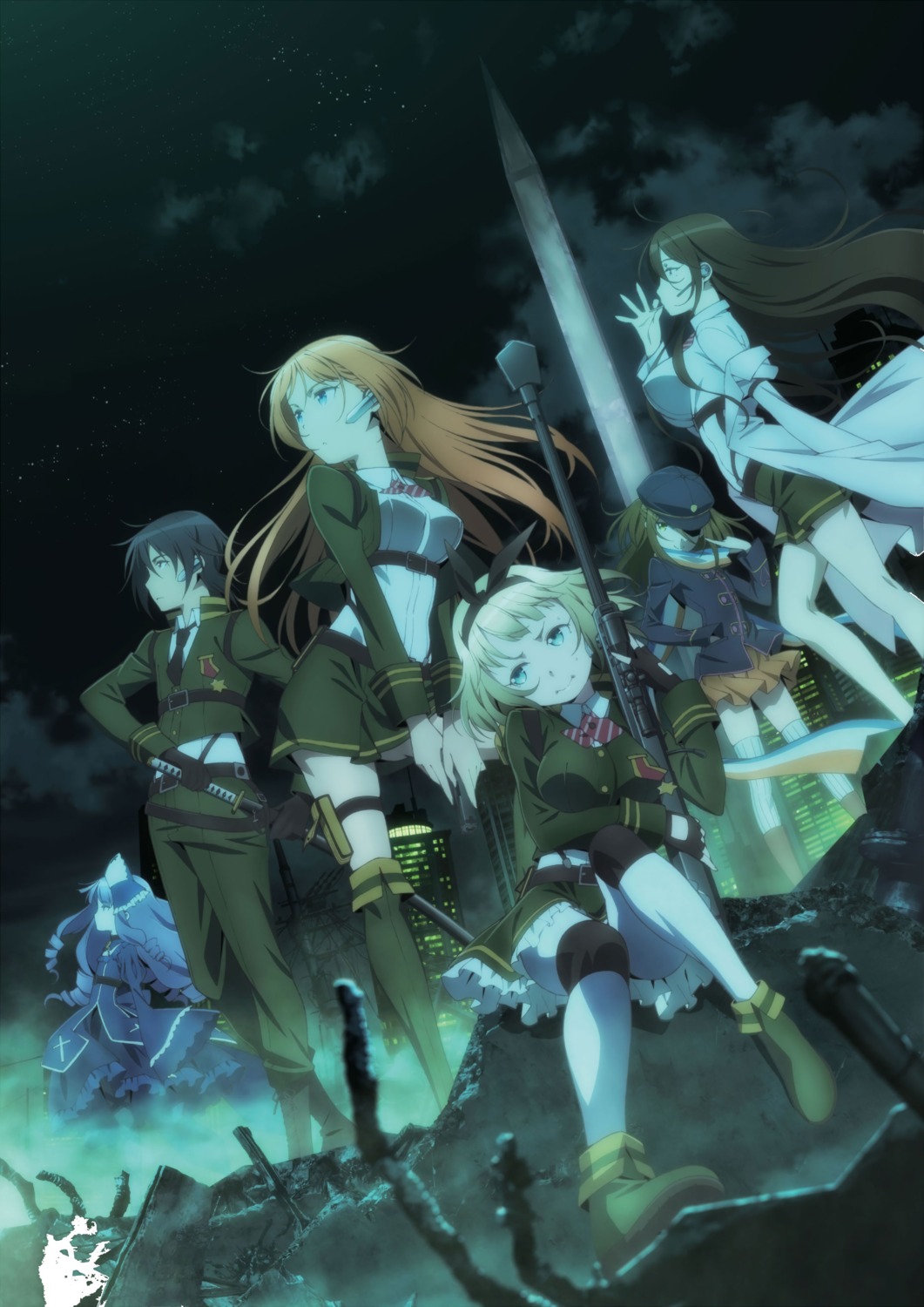 digital_version, dress, eyepatch, gun, nikaidou_mari, ootori_ouka, open_shirt, saionji_usagi, seifuku, suginami_ikaruga, sword, taimadou_gakuen_35_shiken_shoutai, thighhighs