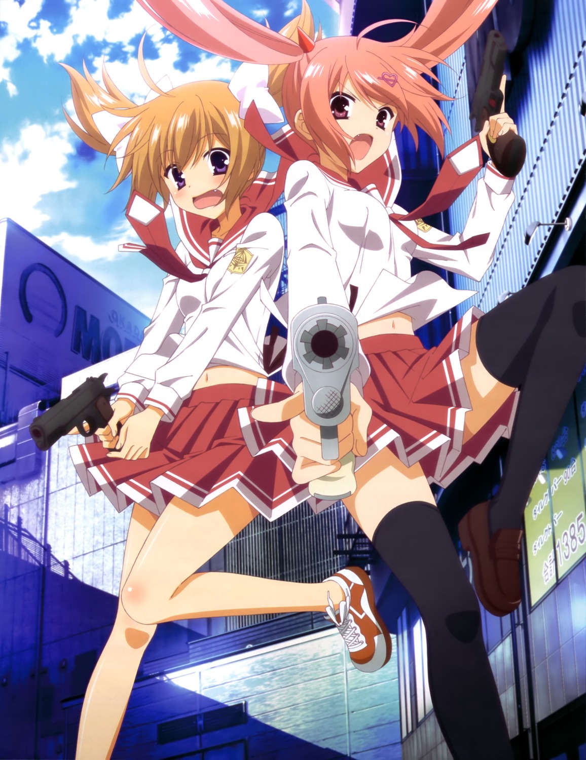 gun, hidan_no_aria, hidan_no_aria_aa, kanzaki_h._aria, mamiya_akari, seifuku, thighhighs