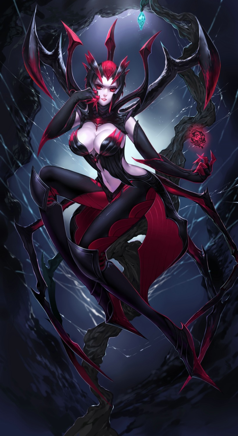armor, citemer, cleavage, elise_(league_of_legends), league_of_legends, no_bra, wings