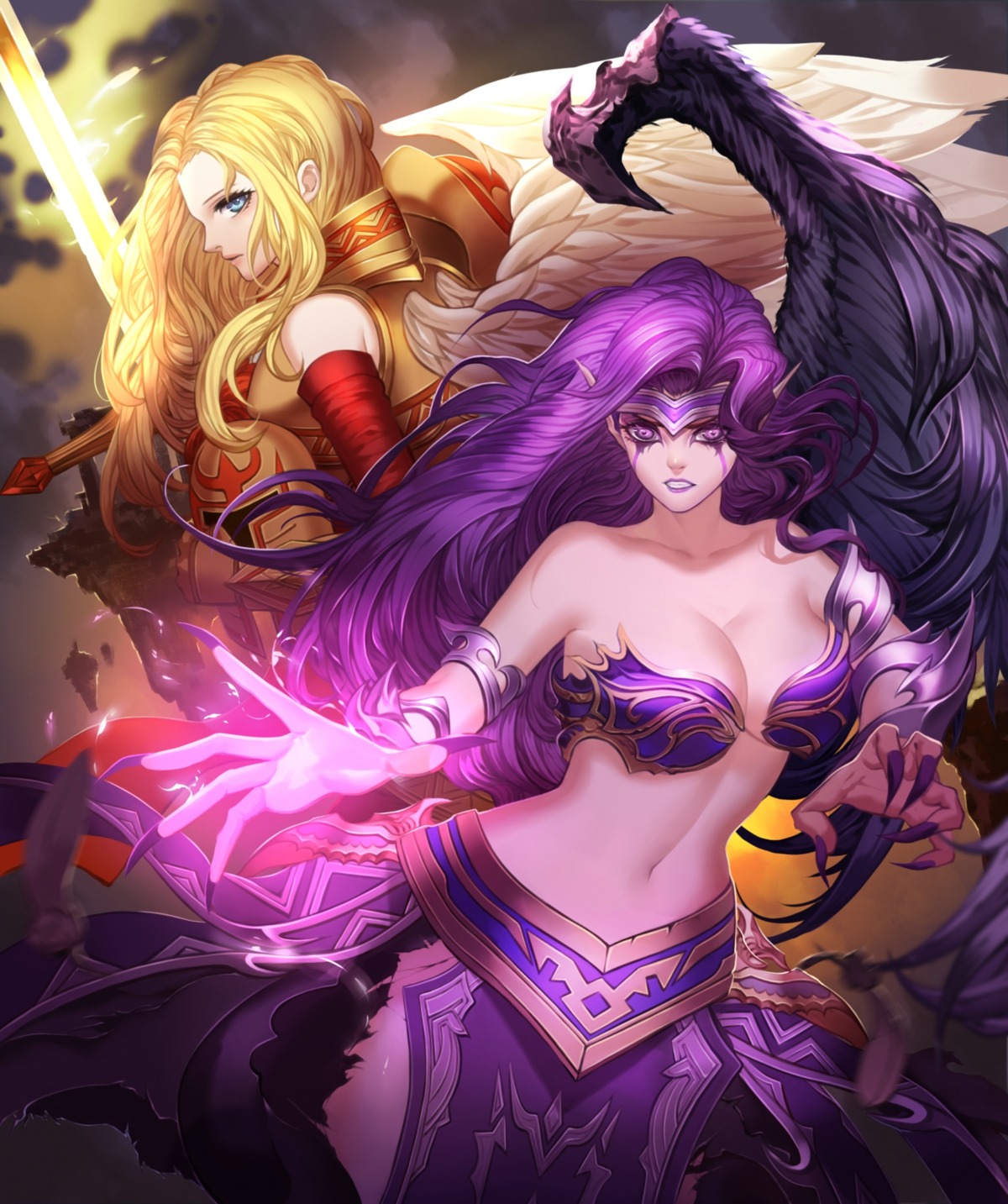 armor, bikini_armor, citemer, cleavage, kayle, league_of_legends, morgana, sword