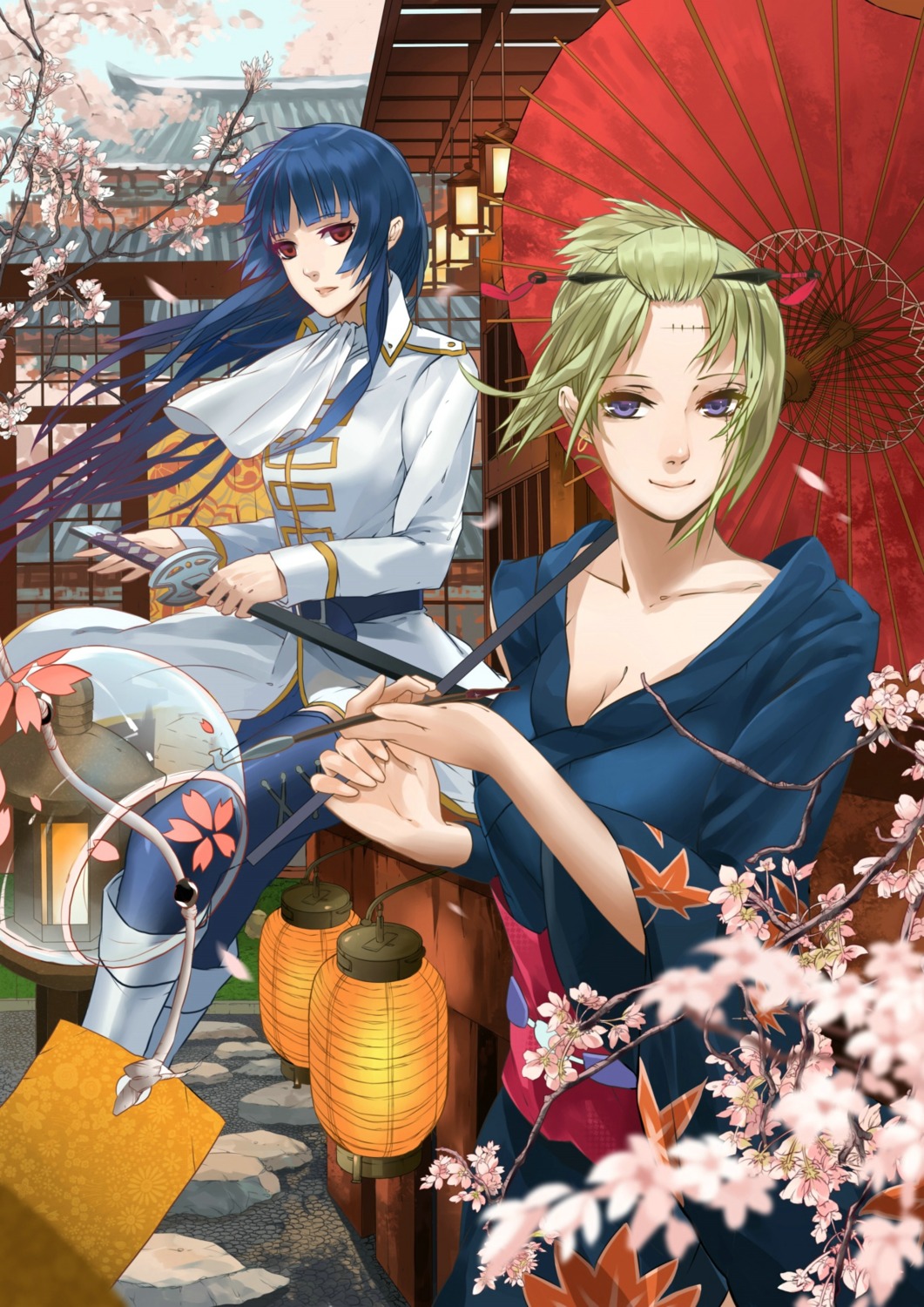 citemer, cleavage, gintama, imai_nobume, kimono, sword, tsukuyo, umbrella, uniform