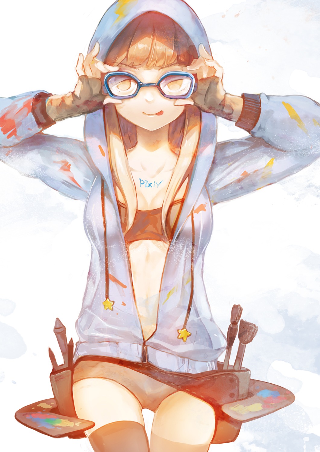 cleavage, megane, open_shirt, pixiv-tan, sibyl, thighhighs