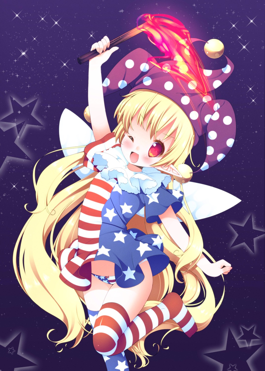 clownpiece, dress, pantsu, pointy_ears, sefa, thighhighs, touhou, wings