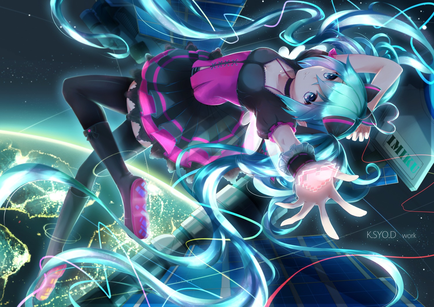 7th_dragon_2020-ii, asahi_kuroi, cleavage, hatsune_miku, thighhighs, vocaloid