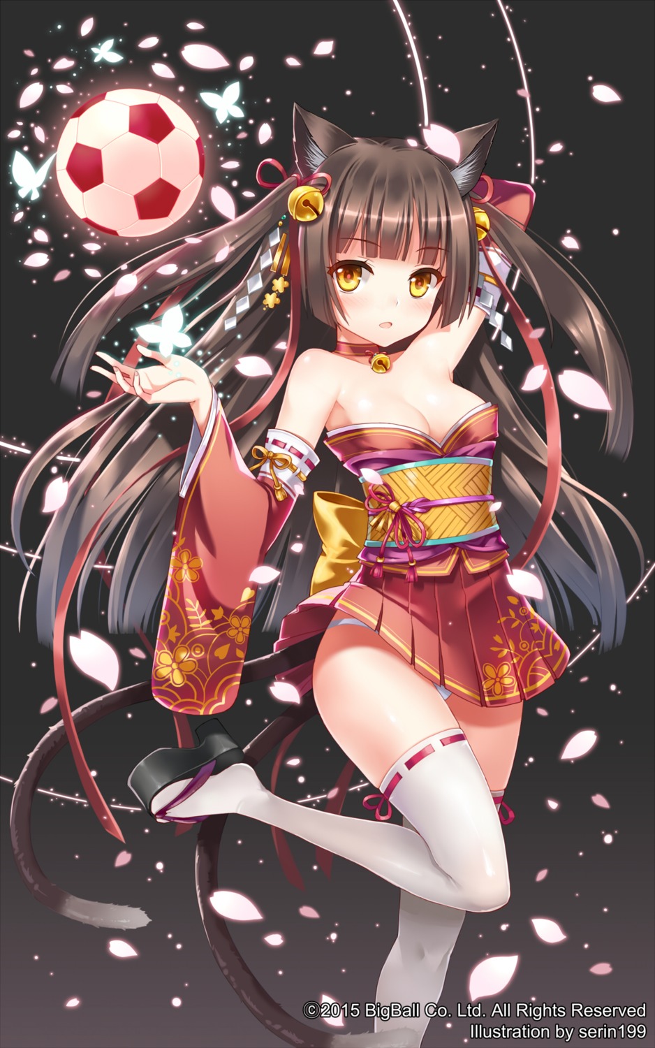 animal_ears, cleavage, japanese_clothes, nekomimi, no_bra, pantsu, serin199, soccer, soccer_spirits, tail, thighhighs
