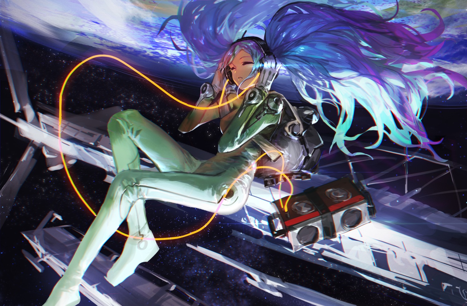 bodysuit, daible, hatsune_miku, headphones, vocaloid