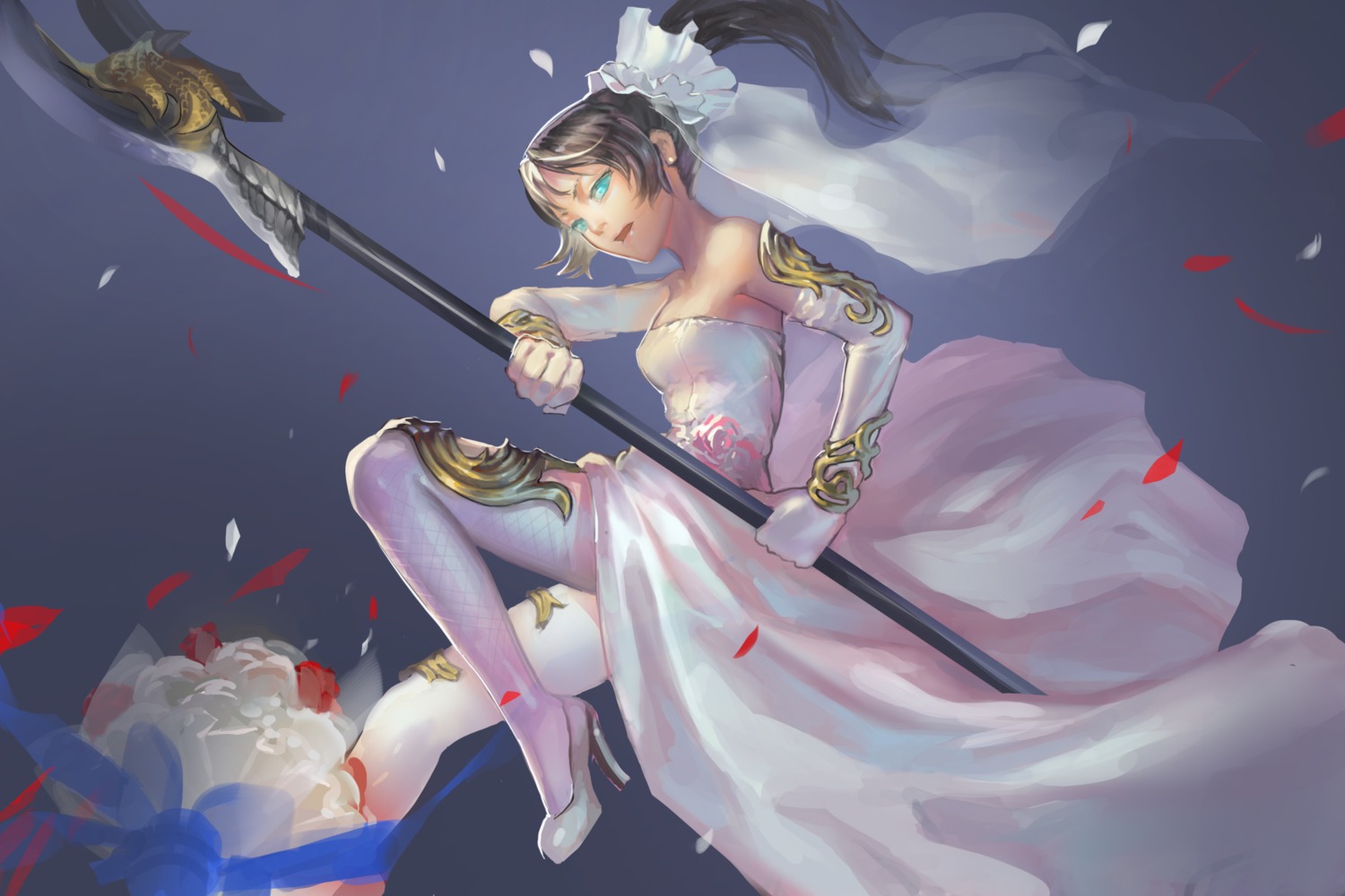 daible, dress, fishnets, heels, pantyhose, weapon