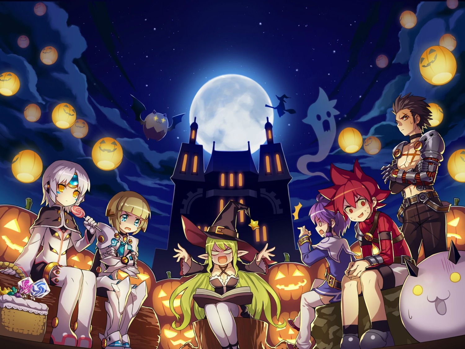aisha_(elsword), armor, chung_(elsword), cleavage, elsword, elsword_(elsword), eve_(elsword), halloween, landscape, pointy_ears, raven_(elsword), rena_(elsword), tagme, thighhighs, witch