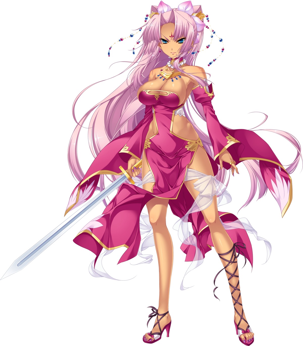 cleavage, dress, heels, katagiri_hinata, koihime_musou, no_bra, see_through, sonsaku, sword, tattoo