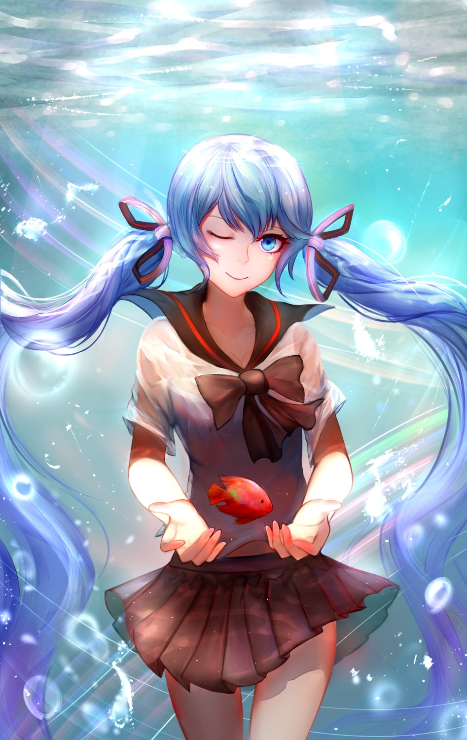 bottle_miku, hatsune_miku, see_through, seifuku, vocaloid, wet_clothes, yuuko_(renhaowei2010)