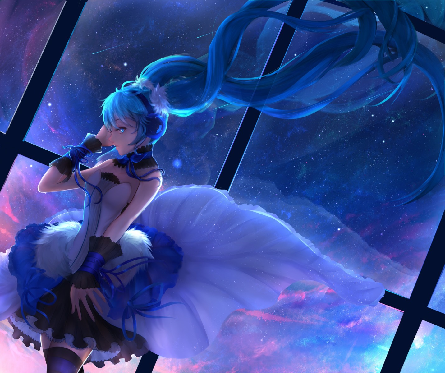 dress, hatsune_miku, headphones, thighhighs, vocaloid, yuuko_(renhaowei2010)