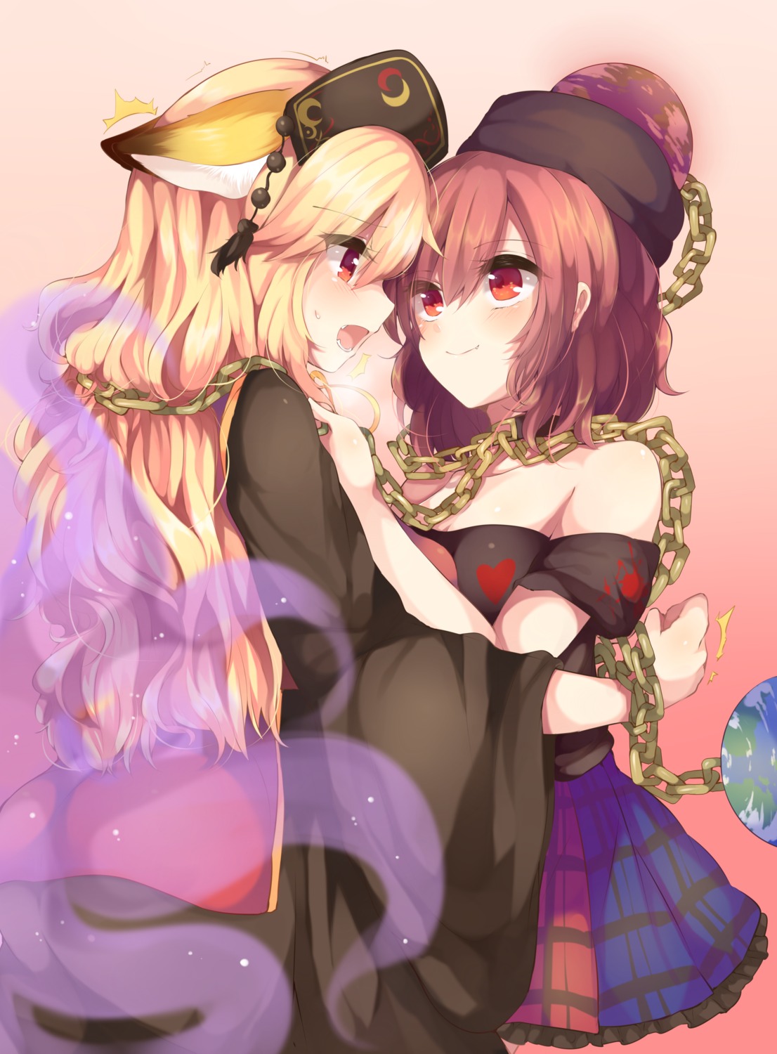 animal_ears, hecatia_lapislazuli, junko, kaenuco, symmetrical_docking, tail, touhou, yuri