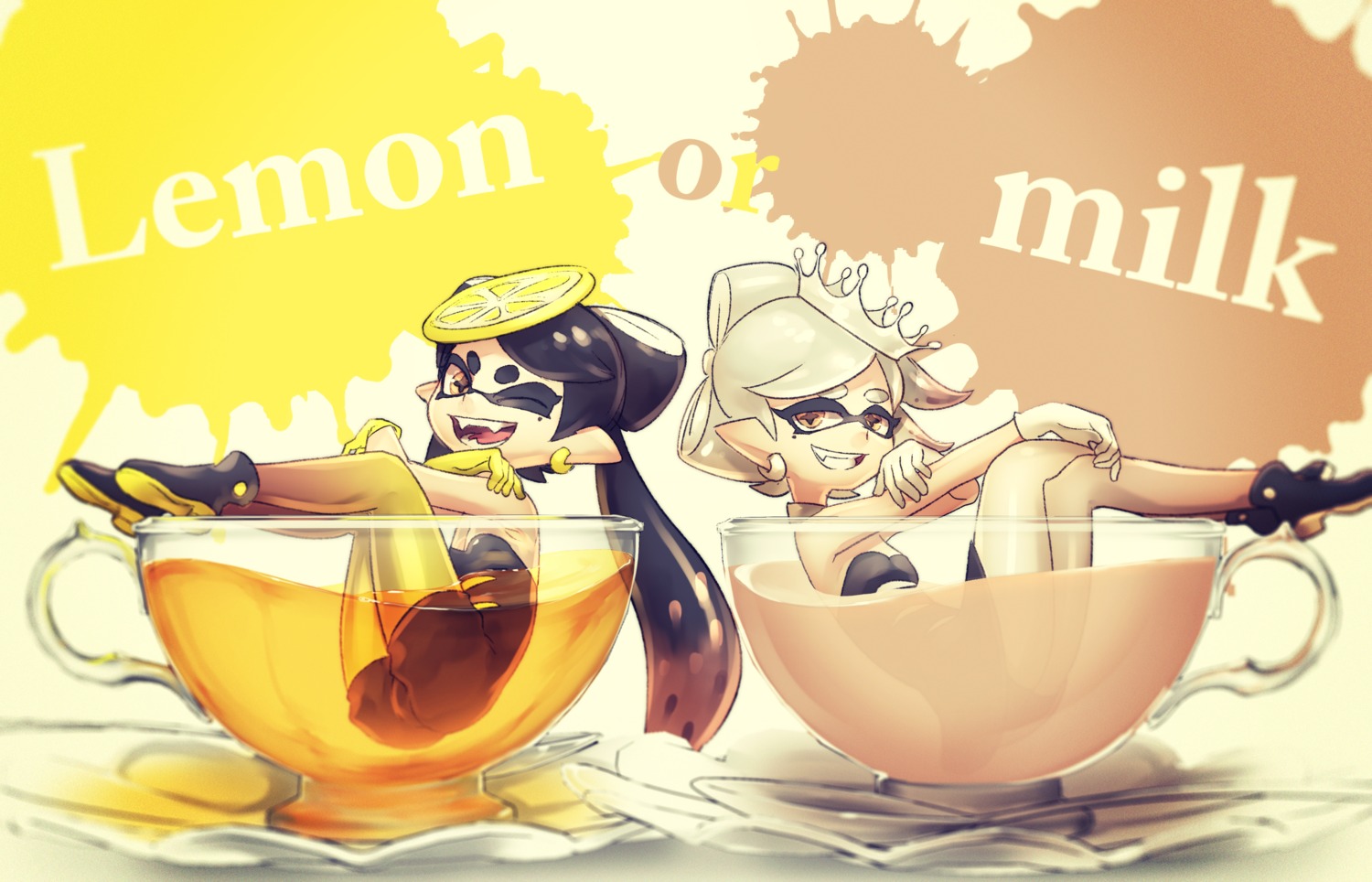 aori_(splatoon), cleavage, dress, hotaru_(splatoon), pantyhose, pointy_ears, puchiman, splatoon