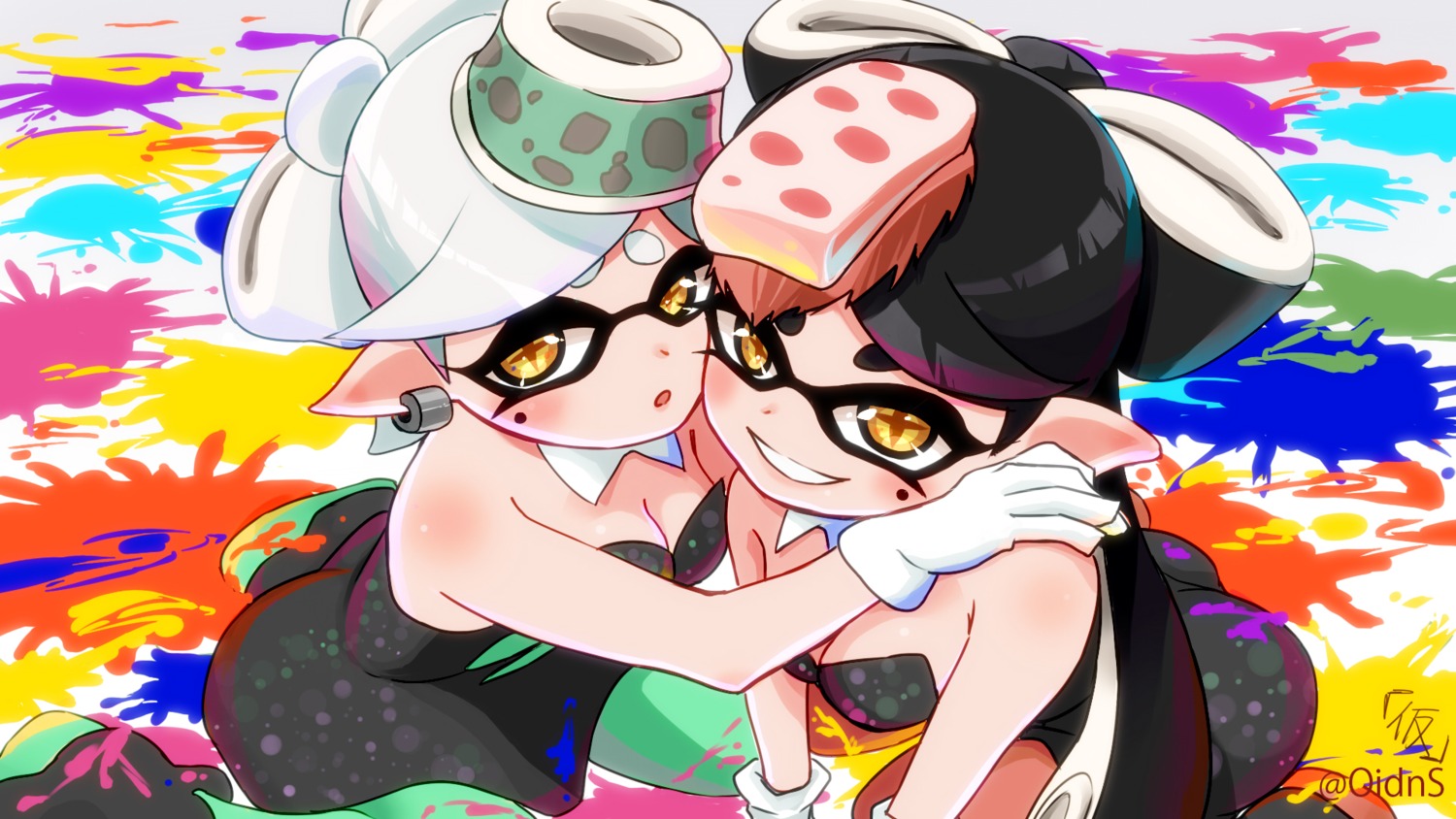 aori_(splatoon), cleavage, hotaru_(splatoon), kento1102, pantyhose, pointy_ears, splatoon