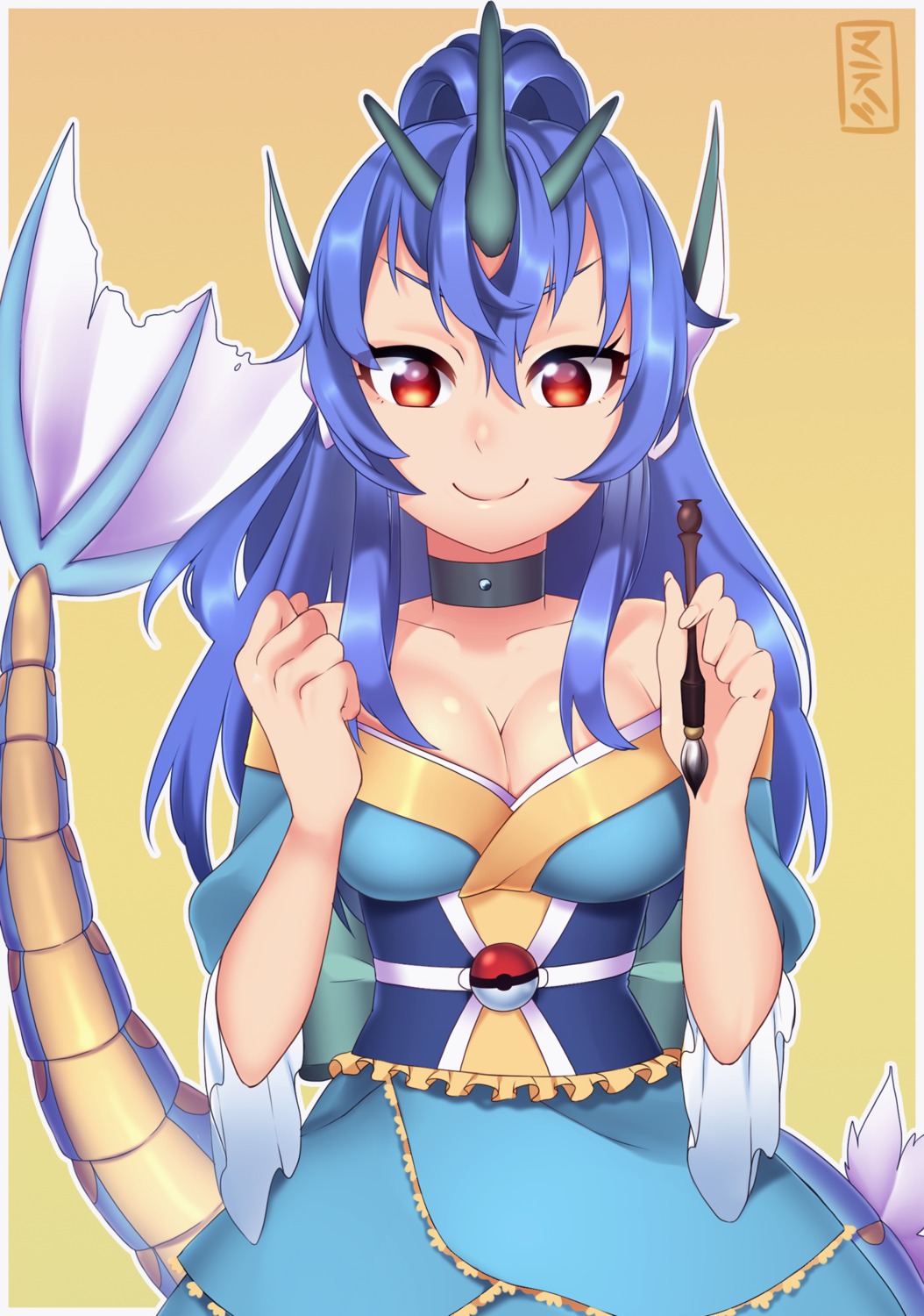 animal_ears, anthropomorphization, cleavage, gyarados, horns, matemi, pokemon, tail